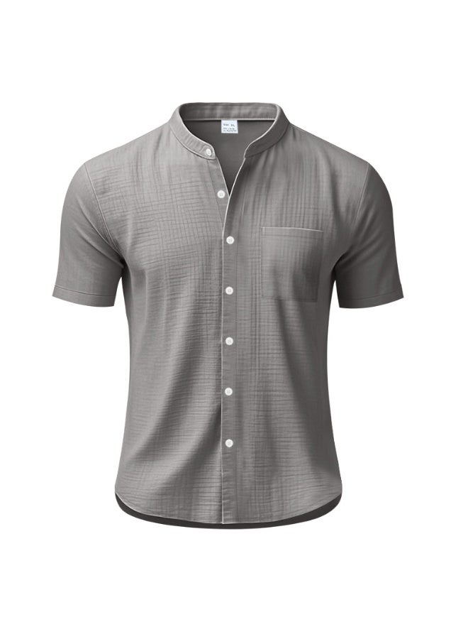 Men's Linen Short-Sleeved Shirt Summer Solid-Color Stand-Up Collar Loose-Pocket Casual Top for  - Image 1