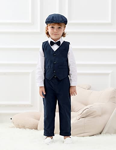 A&J DESIGN Toddler Boy Suit Easter Formal Gentleman Dress Wedding Ring Bearer Outfit 4Pcs 3-4T White Navy - Image 2