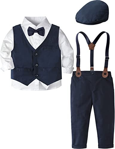 A&J DESIGN Toddler Boy Suit Easter Formal Gentleman Dress Wedding Ring Bearer Outfit 4Pcs 3-4T White Navy - Image 1