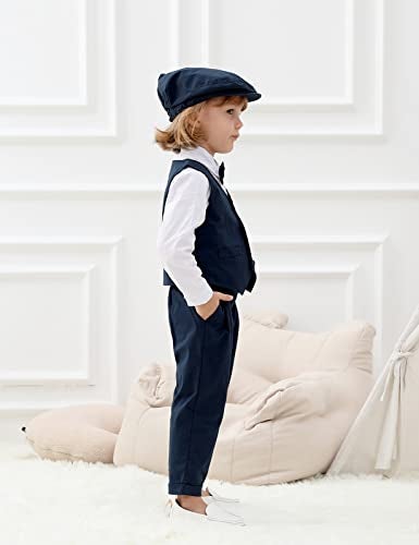 A&J DESIGN Toddler Boy Suit Easter Formal Gentleman Dress Wedding Ring Bearer Outfit 4Pcs 3-4T White Navy - Image 3