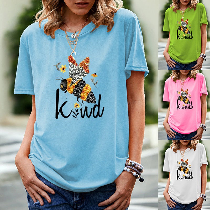 Wish Independent Station Like Bee Pattern Printed Short Sleeve T-Shirt For Women - Image 2
