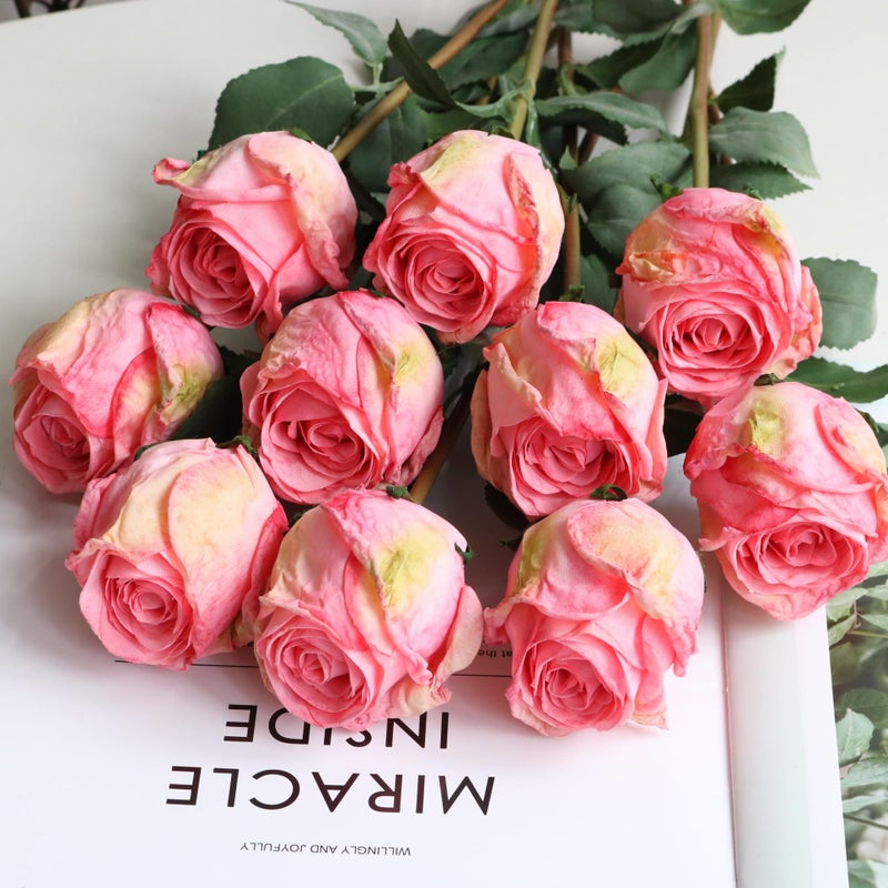 XONOR زهور الورد الاصطناعية XONOR بتصميم واقعي حواف محترقة وردة عتيقة بساق طويلة لتزيين المنزل وحفلات الزفاف والمناسبات (10 قطع وردي) - Image 4