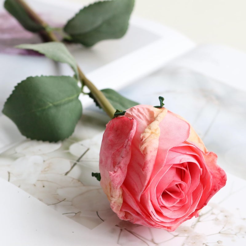 XONOR زهور الورد الاصطناعية XONOR بتصميم واقعي حواف محترقة وردة عتيقة بساق طويلة لتزيين المنزل وحفلات الزفاف والمناسبات (10 قطع وردي) - Image 2