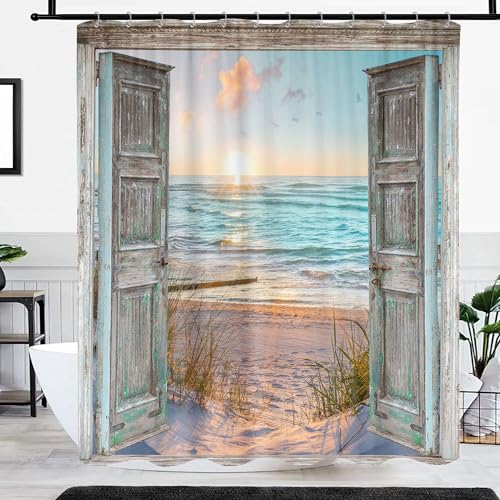 GOAOK Boho Beach Coastal Shower Curtain, Teal Ocean Sunrise Seaside Seascape Nautical Beachy Shower Curtain Set, Rustic Barn Door Seashore Fabric Shower Curtain for Bathroom 12 Hooks, 72"×72" Turquoise - Image 4
