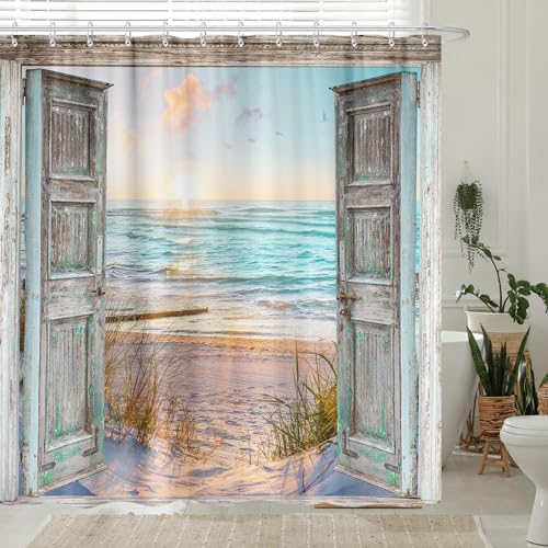 GOAOK Boho Beach Coastal Shower Curtain, Teal Ocean Sunrise Seaside Seascape Nautical Beachy Shower Curtain Set, Rustic Barn Door Seashore Fabric Shower Curtain for Bathroom 12 Hooks, 72"×72" Turquoise - Image 3