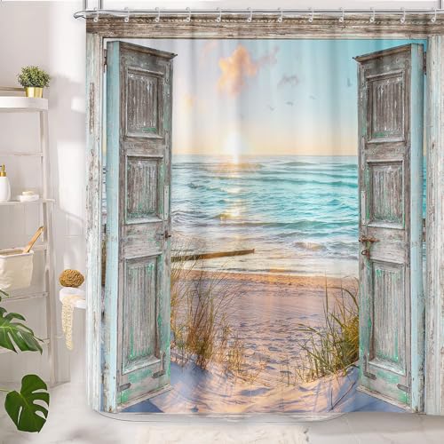 GOAOK Boho Beach Coastal Shower Curtain, Teal Ocean Sunrise Seaside Seascape Nautical Beachy Shower Curtain Set, Rustic Barn Door Seashore Fabric Shower Curtain for Bathroom 12 Hooks, 72"×72" Turquoise - Image 2