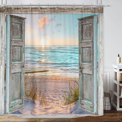 GOAOK Boho Beach Coastal Shower Curtain, Teal Ocean Sunrise Seaside Seascape Nautical Beachy Shower Curtain Set, Rustic Barn Door Seashore Fabric Shower Curtain for Bathroom 12 Hooks, 72"×72" Turquoise - Image 1