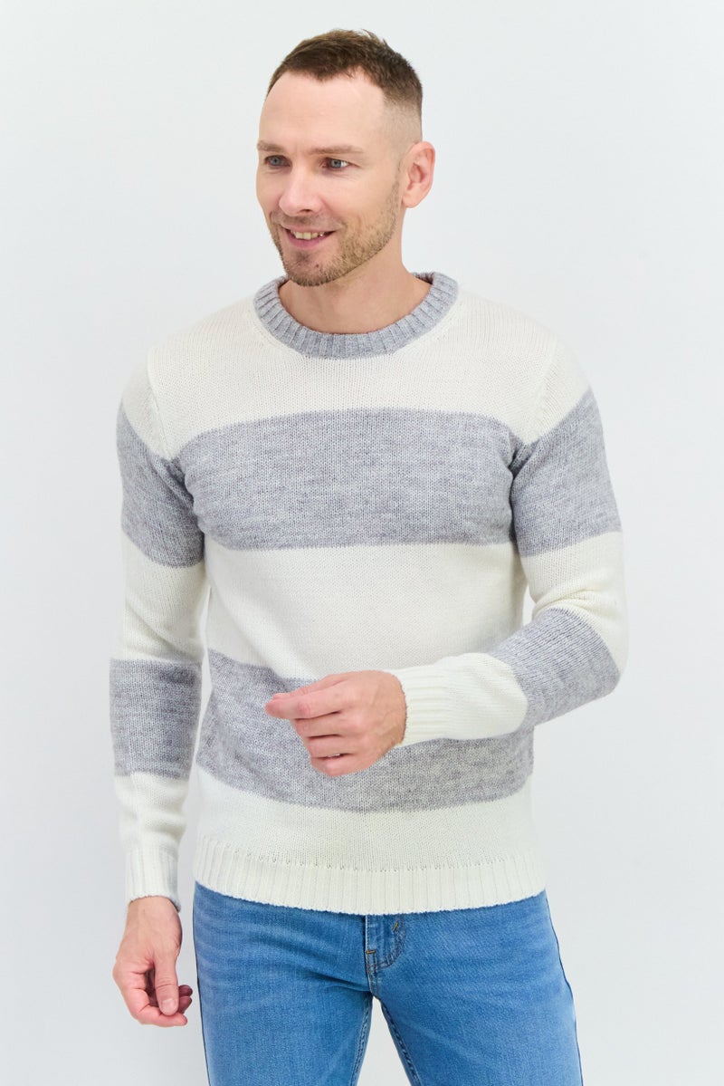 Sorbino سويت شيرت رجالي بياقة دائرية مخطط، أبيض - Image 1