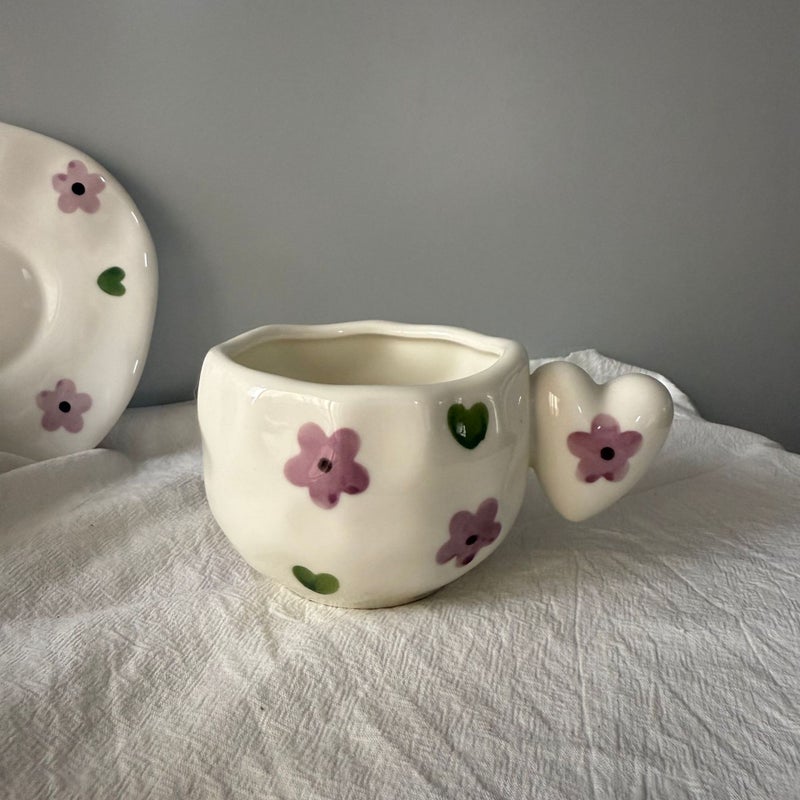 French-Style Ins Heart Ceramic Cup And Saucer Hand-Punched Irregular Coffee Cup And Saucer Afternoon Tea Cup And Saucer - Image 1