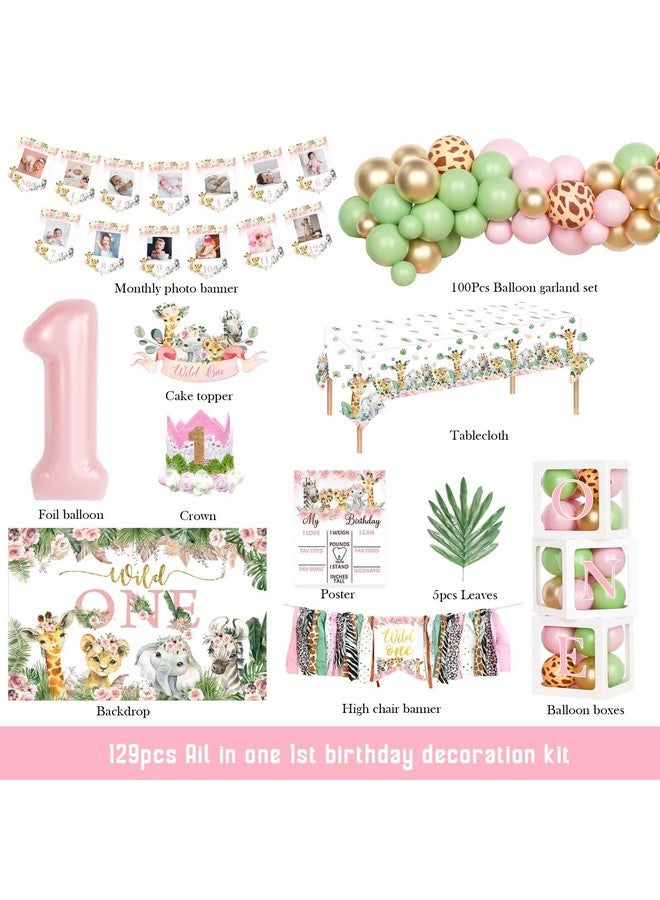 Hombae Wild One Birthday Decorations Girl, 1st Birthday Decorations Girl, Safari Jungle Animal First Birthday Decor Backdrop Balloon Banner Tablecloth Cake Topper Box for One Year Old Birthday Girl - Image 2