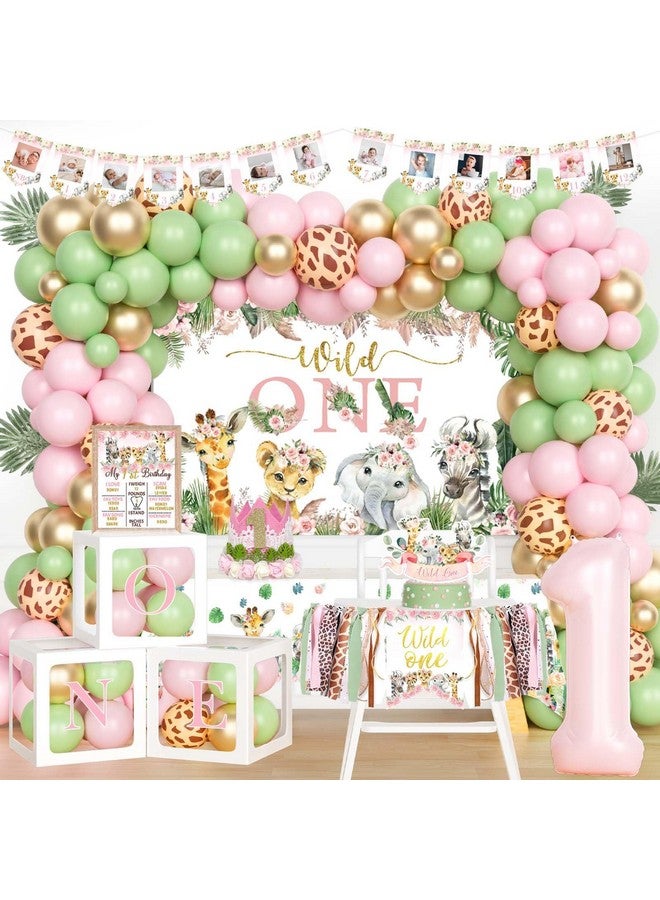 Hombae Wild One Birthday Decorations Girl, 1st Birthday Decorations Girl, Safari Jungle Animal First Birthday Decor Backdrop Balloon Banner Tablecloth Cake Topper Box for One Year Old Birthday Girl - Image 1