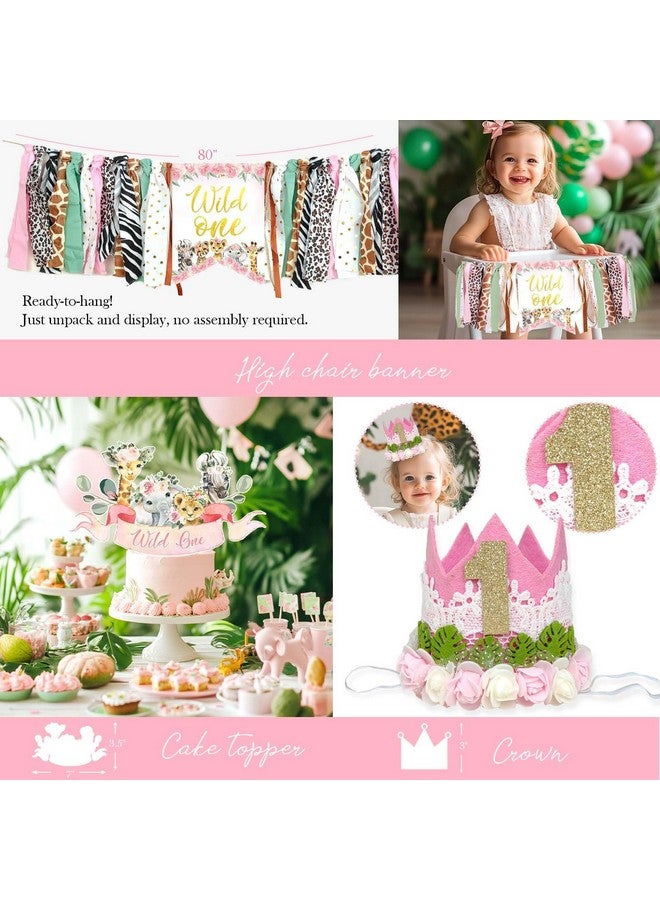 Hombae Wild One Birthday Decorations Girl, 1st Birthday Decorations Girl, Safari Jungle Animal First Birthday Decor Backdrop Balloon Banner Tablecloth Cake Topper Box for One Year Old Birthday Girl - Image 4