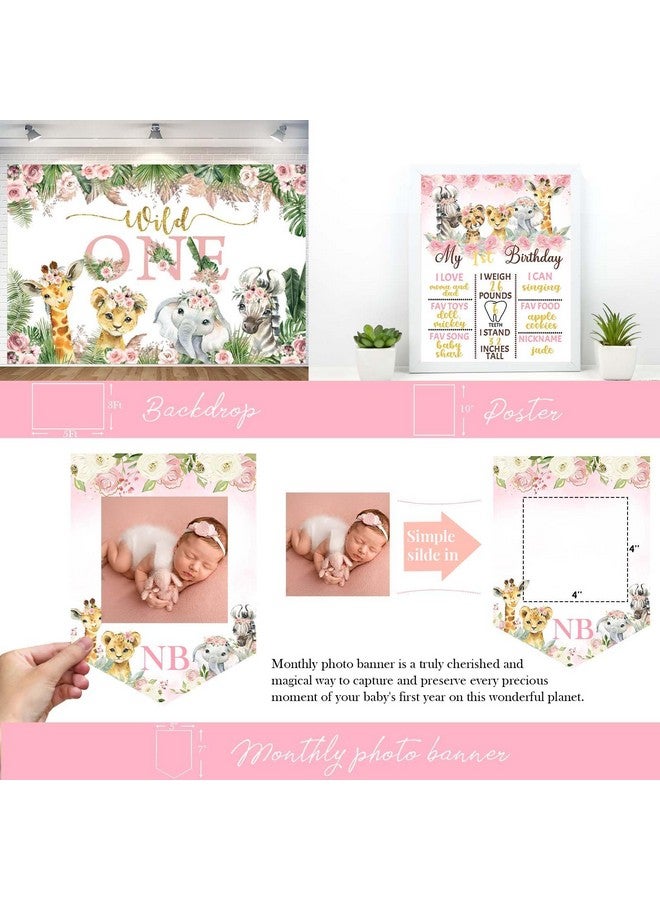 Hombae Wild One Birthday Decorations Girl, 1st Birthday Decorations Girl, Safari Jungle Animal First Birthday Decor Backdrop Balloon Banner Tablecloth Cake Topper Box for One Year Old Birthday Girl - Image 5