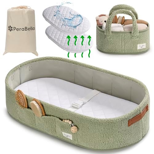 PeraBella Baby Changing Basket for Dresser Top, Baby Moses Basket for Newborn, Portable Diaper Changing Pad Table Topper for Dresser, Includes Diaper Caddy Organizer with Handle, Moses Bassinet Mat - Image 1