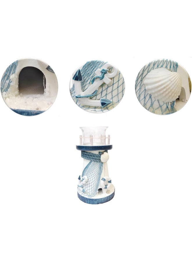 FAB D'COR Decorative Candlestick Lighthouse Blue Stripes Wooden Candle Lighthouse Decor Handcrafted Nautical Decor Candle Lighthouse with Fish Ocean Decor - Image 3