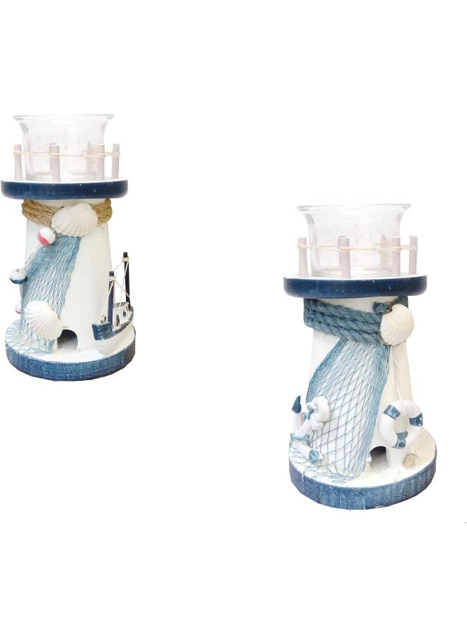 FAB D'COR Decorative Candlestick Lighthouse Blue Stripes Wooden Candle Lighthouse Decor Handcrafted Nautical Decor Candle Lighthouse with Fish Ocean Decor - Image 4