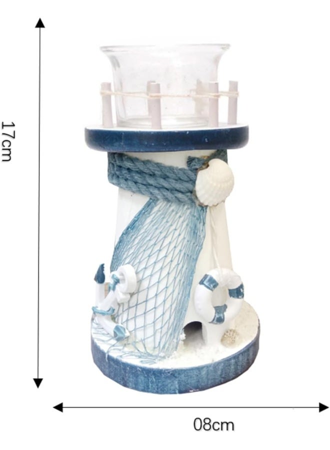 FAB D'COR Decorative Candlestick Lighthouse Blue Stripes Wooden Candle Lighthouse Decor Handcrafted Nautical Decor Candle Lighthouse with Fish Ocean Decor - Image 2