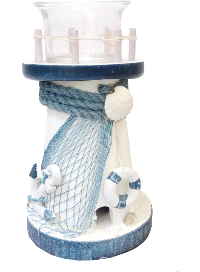 FAB D'COR Decorative Candlestick Lighthouse Blue Stripes Wooden Candle Lighthouse Decor Handcrafted Nautical Decor Candle Lighthouse with Fish Ocean Decor - Image 1