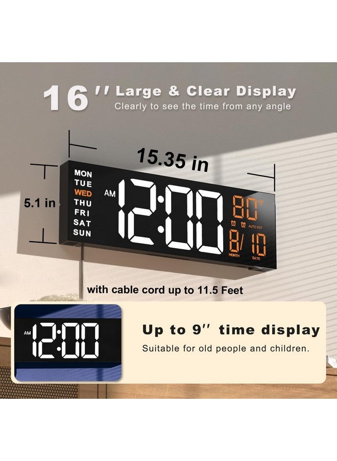 Jall 16" Large Digital Wall Clock Timer, Remote Controll, 2 Alarms, Led Display, 8 Rgb Color, Auto Dst, Temperature For Living Room, Bedroom, Desk, Mounted, Gift For Elderly (White Orange, 16 Inches)  - Image 2
