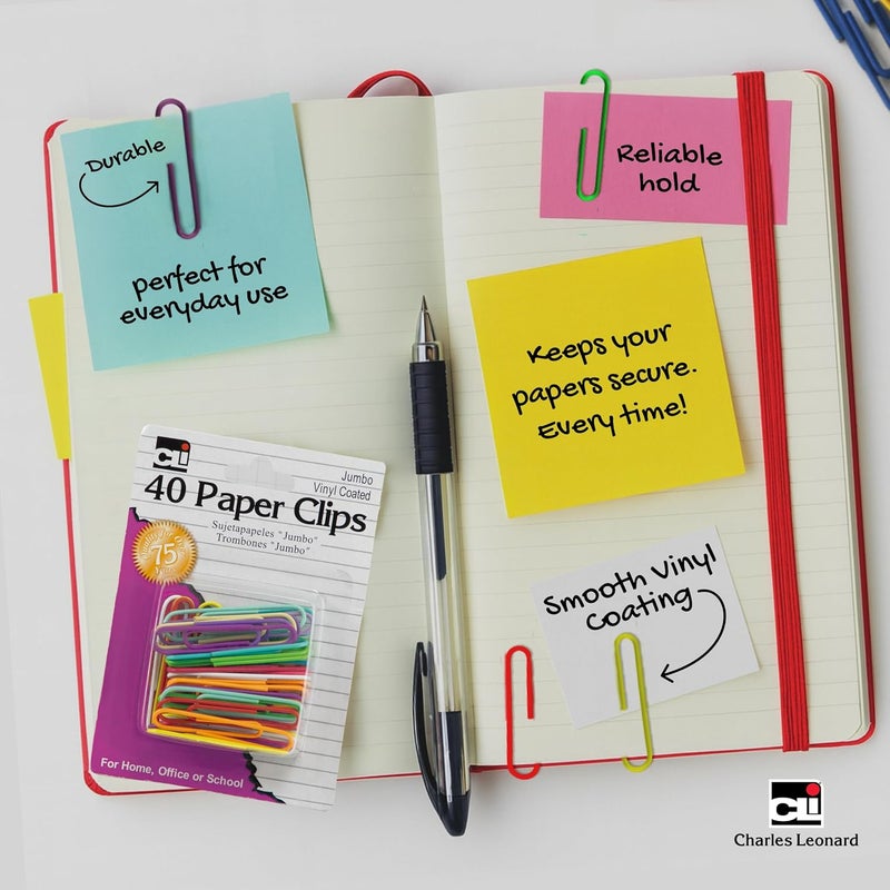 Charles Leonard Jumbo Vinyl Coated Paper Clips, Assorted Colors, 40-Pack - Image 3