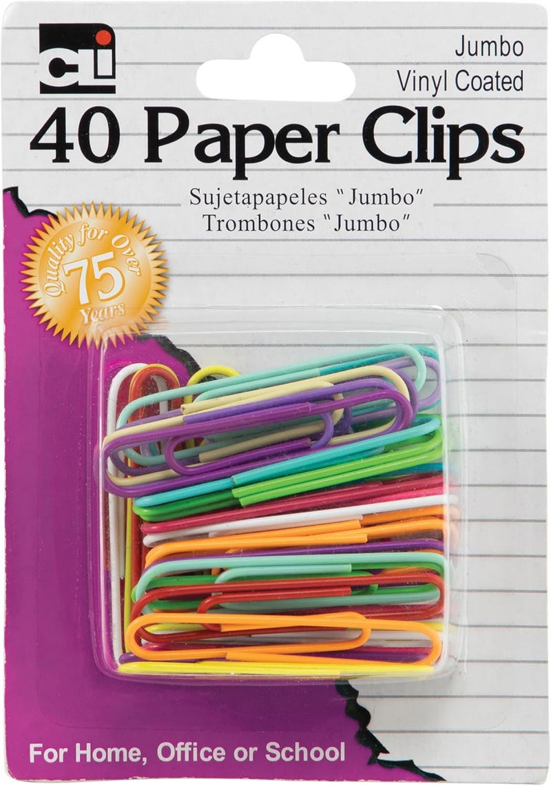 Charles Leonard Jumbo Vinyl Coated Paper Clips, Assorted Colors, 40-Pack - Image 1