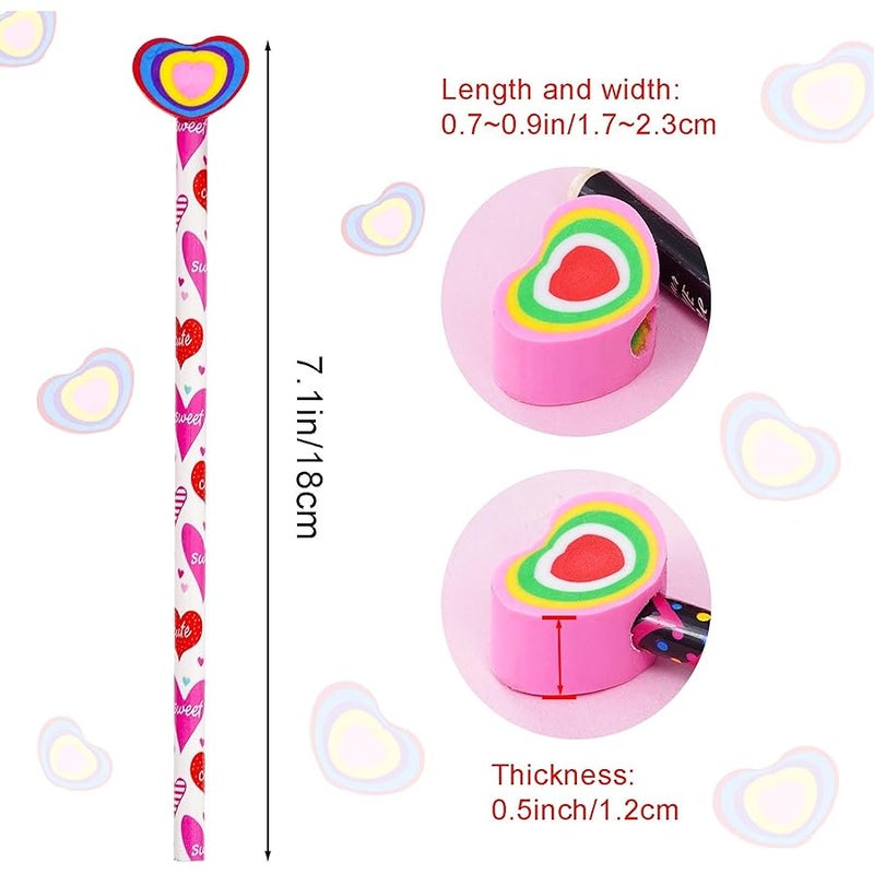 Nydotd 24Pcs Valentines Day Pencils - Bulk Wood Pencils with Giant Detachable Eraser Toppers, Love Heart Patterns, Valentine's Day Goodie Bags Fillers Festive Gift Exchange - Image 3