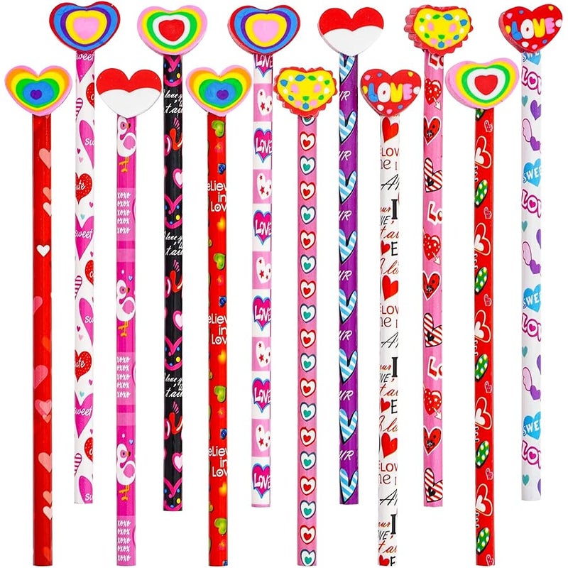 Nydotd 24Pcs Valentines Day Pencils - Bulk Wood Pencils with Giant Detachable Eraser Toppers, Love Heart Patterns, Valentine's Day Goodie Bags Fillers Festive Gift Exchange - Image 1