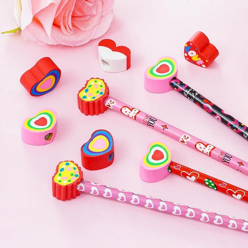 Nydotd 24Pcs Valentines Day Pencils - Bulk Wood Pencils with Giant Detachable Eraser Toppers, Love Heart Patterns, Valentine's Day Goodie Bags Fillers Festive Gift Exchange - Image 5