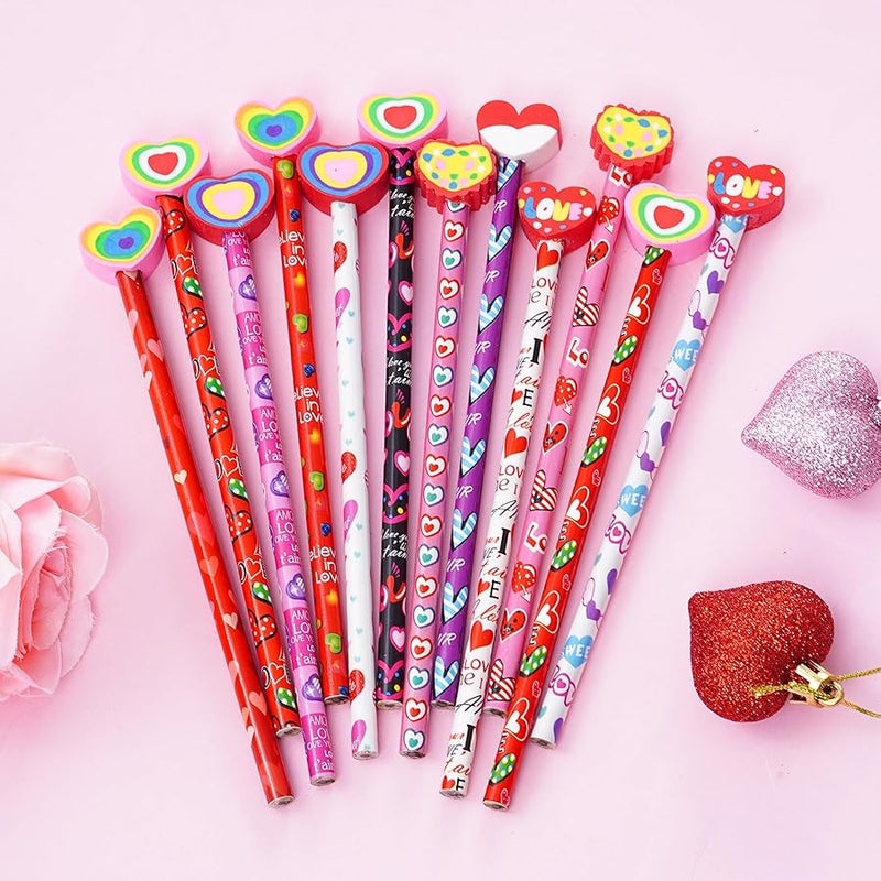 Nydotd 24Pcs Valentines Day Pencils - Bulk Wood Pencils with Giant Detachable Eraser Toppers, Love Heart Patterns, Valentine's Day Goodie Bags Fillers Festive Gift Exchange - Image 2