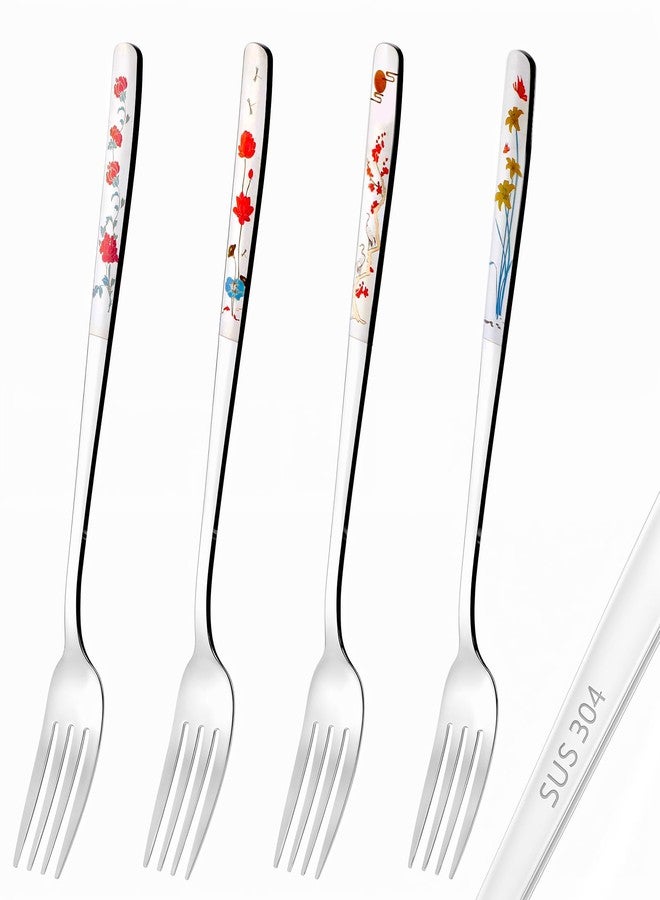 Alrhso 4Pcs 8" Korean Forks 18/10 Stainless Steel Forks Silverware Flatware Louise Kitchen Salad Dessert Fork with Flower Pattern for Dinner Cutlery Home Restaurant, Mirror Finish, Dishwasher Safe - Image 1