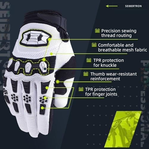 Seibertron Unisex MX ATV MTB Racing Gloves - Full Finger Touchscreen Glove for Bicycle Cycling Mountain Biking Motorcycle and Motocross White M - Image 3