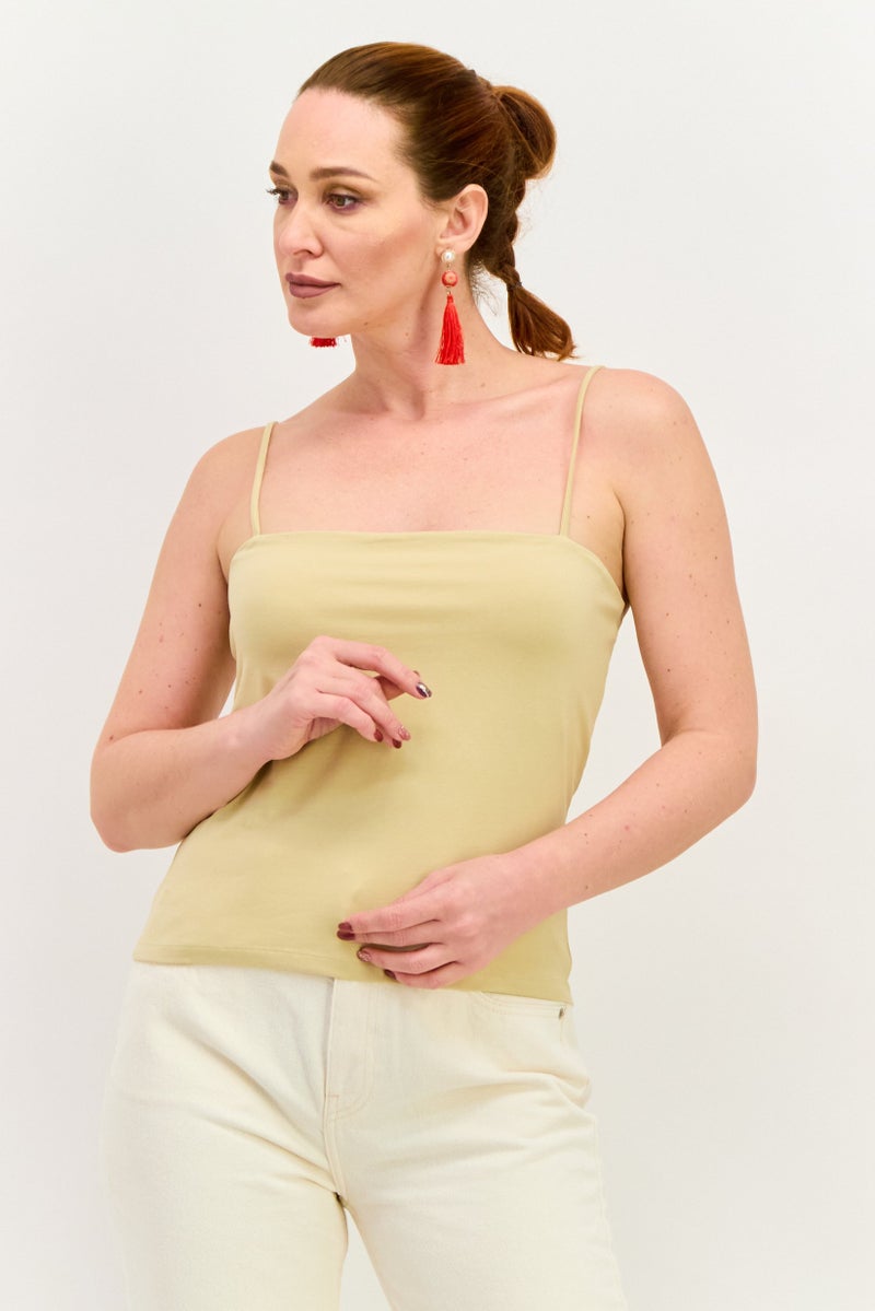 Envii بلوزة نسائية بدون أكمام ذات ياقة مربعة، بيج كاكي - Image 1