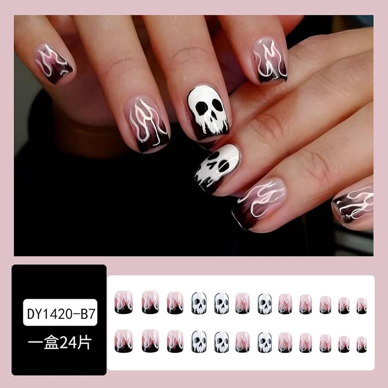 WULIUFLY Light durable upgraded substance 24Pcs Halloween Press on Nails Short Square Fake Nails French Flame False Nails Full Cover Acrylic Nails Horror Skull Deigns Artificial Nails Glossy Glue on Nails Halloween Nails for Women Space saving design picks - Image 5