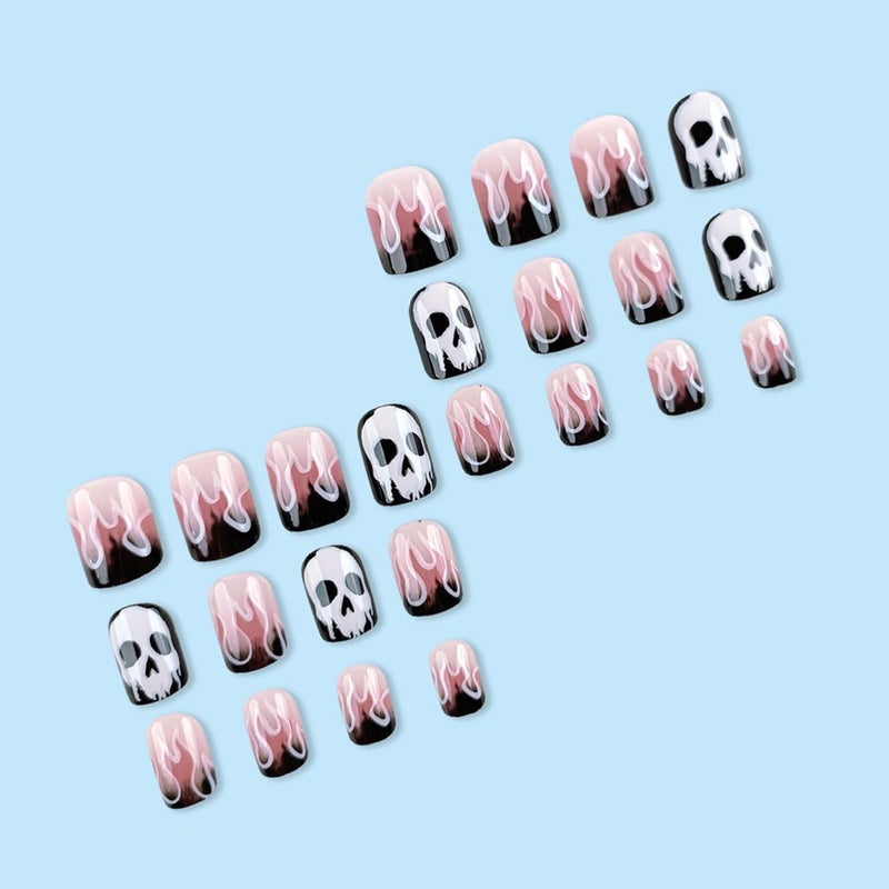 WULIUFLY Light durable upgraded substance 24Pcs Halloween Press on Nails Short Square Fake Nails French Flame False Nails Full Cover Acrylic Nails Horror Skull Deigns Artificial Nails Glossy Glue on Nails Halloween Nails for Women Space saving design picks - Image 4