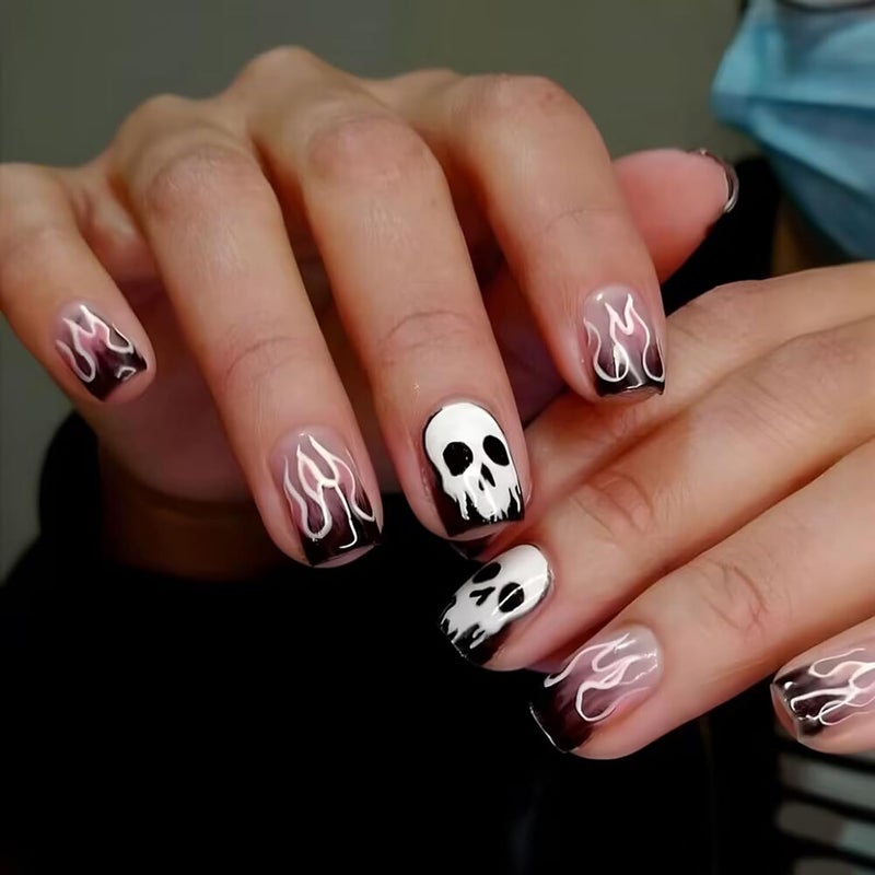 WULIUFLY Light durable upgraded substance 24Pcs Halloween Press on Nails Short Square Fake Nails French Flame False Nails Full Cover Acrylic Nails Horror Skull Deigns Artificial Nails Glossy Glue on Nails Halloween Nails for Women Space saving design picks - Image 1