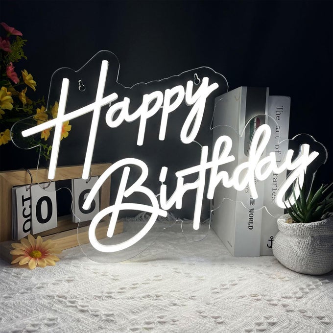 HAPPY BIRTHDAY NEON SIGN FOR WALL DECOR WHITE LED NEON LIGHT SIGNS ART DECORATION HAPPY BIRTHDAY NEON LIGHT SIGN FOR ALL BIRTHDAY PARTY DECORATION WITH 2 PCS PASTERS 1712 INCH