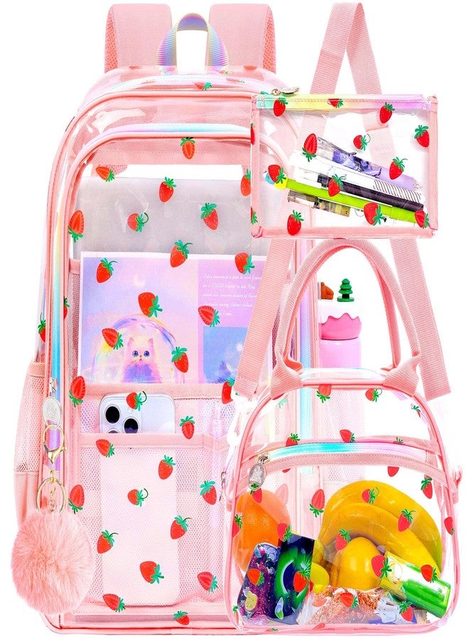 gxtvo 3PCS Clear Backpack for Girls Heavy-Duty Set for Women & Teen, 17" Pink Transparent Bookbag with Rainbow Strap, Cute Strawberry See Through School Bag - Image 1