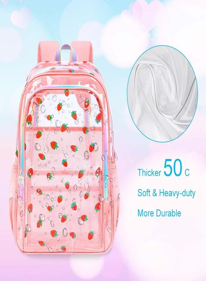 gxtvo 3PCS Clear Backpack for Girls Heavy-Duty Set for Women & Teen, 17" Pink Transparent Bookbag with Rainbow Strap, Cute Strawberry See Through School Bag - Image 2