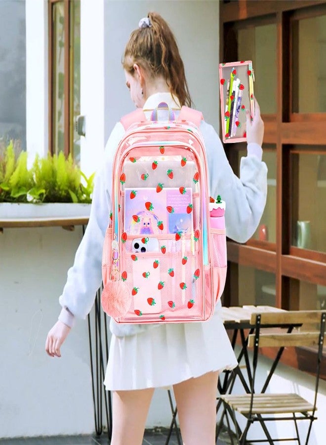 gxtvo 3PCS Clear Backpack for Girls Heavy-Duty Set for Women & Teen, 17" Pink Transparent Bookbag with Rainbow Strap, Cute Strawberry See Through School Bag - Image 3