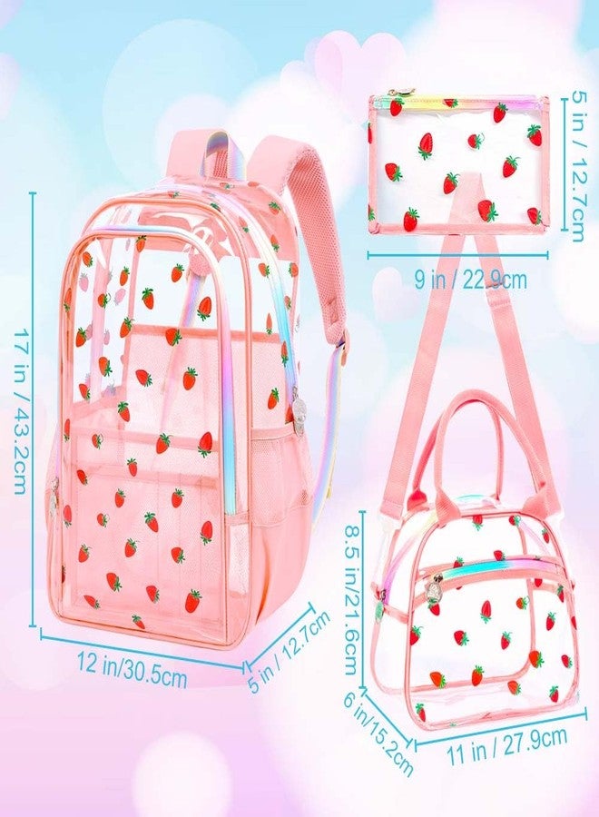 gxtvo 3PCS Clear Backpack for Girls Heavy-Duty Set for Women & Teen, 17" Pink Transparent Bookbag with Rainbow Strap, Cute Strawberry See Through School Bag - Image 4