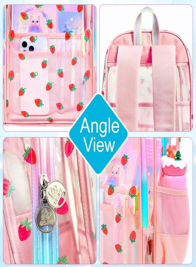 gxtvo 3PCS Clear Backpack for Girls Heavy-Duty Set for Women & Teen, 17" Pink Transparent Bookbag with Rainbow Strap, Cute Strawberry See Through School Bag - Image 5