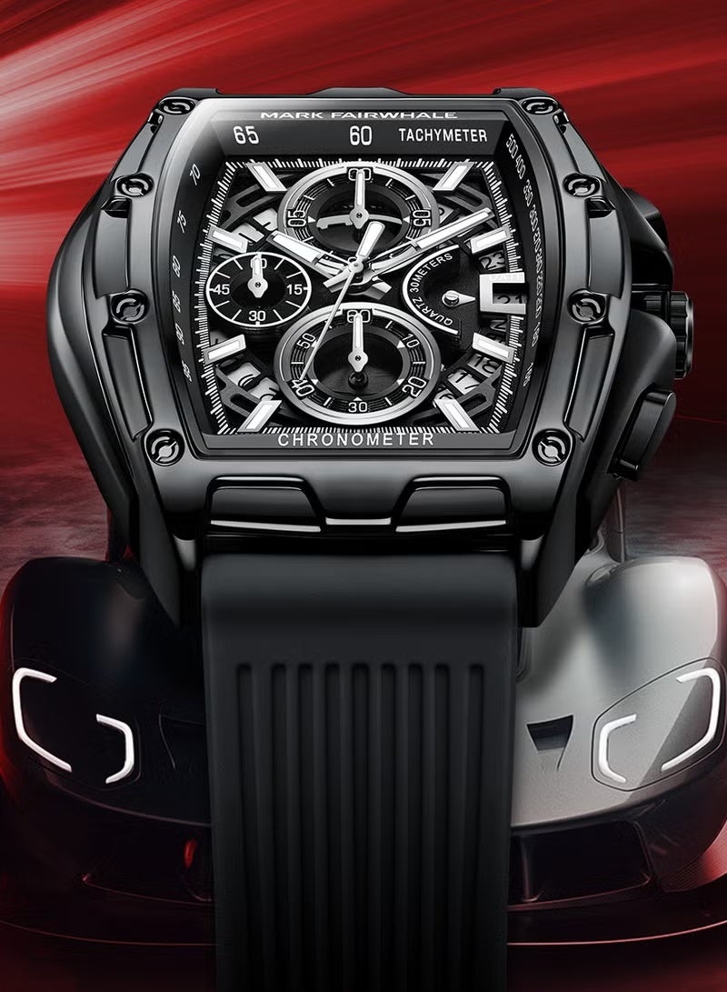 مارك وارفيلد الرجل الجديد ساعة رياضية سوداء فاخرة للرجال - كرونوغراف كوارتز مع حزام راتنج مقاوم للماء للصالة الرياضية والغوص - Image 2