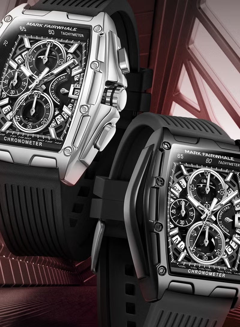 مارك وارفيلد الرجل الجديد ساعة رياضية سوداء فاخرة للرجال - كرونوغراف كوارتز مع حزام راتنج مقاوم للماء للصالة الرياضية والغوص - Image 4