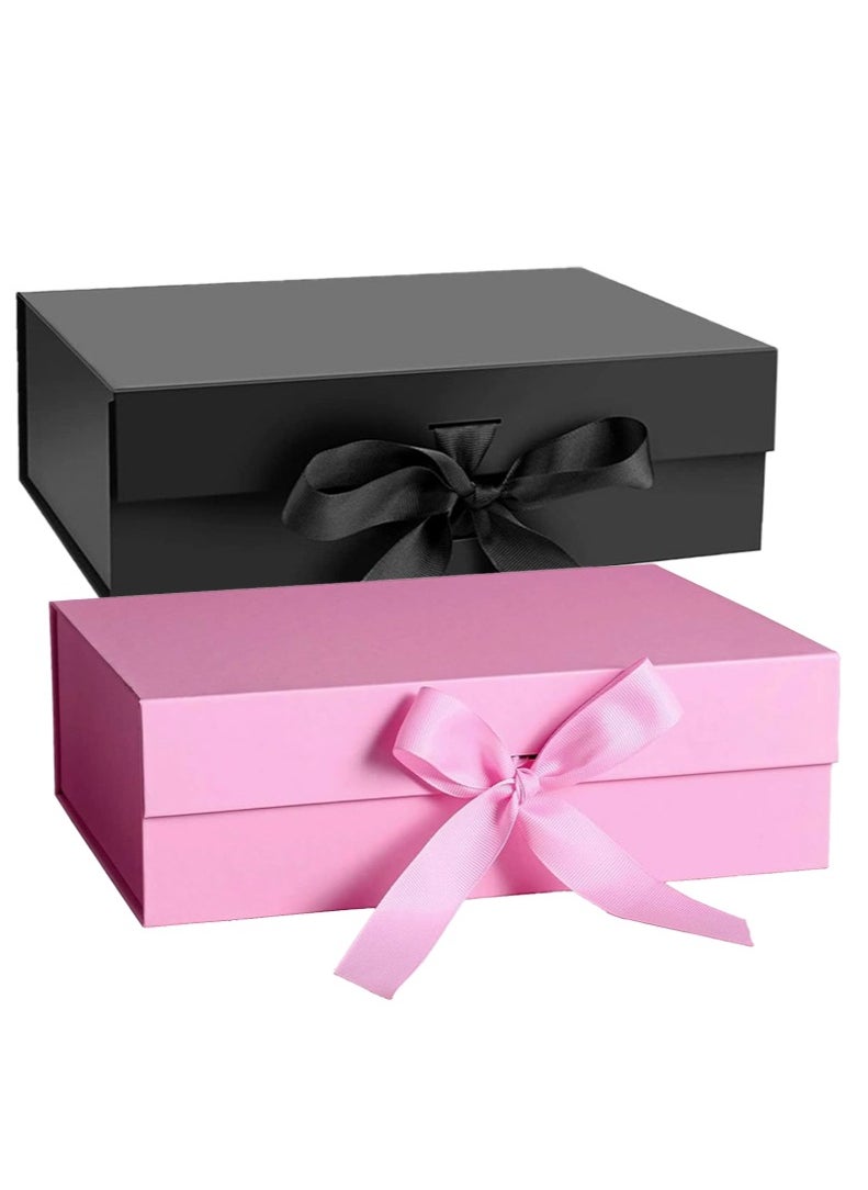 HYFY 2 PCS Black and Pink Gift Box Magnetic Closure Large Gift Box with Ribbon Foldable With Lid Gift Boxes for Women Wedding Gifts Festival Birthday Wedding Gifts Packaging 32x20x10cm  - Image 1