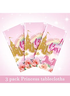 Oudain Oudain 3 Pack Princess Party Tablecloths Happy Birthday Princess Disposable Plastic Table Covers Unicorn Castle Rose Rectangular Table Cloths for Girls Women Birthday Party Decorations, 108 x 54 Inch  - Image 4