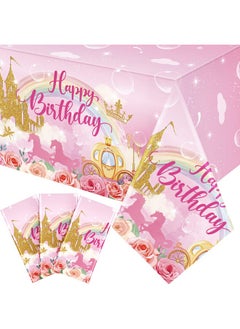 Oudain Oudain 3 Pack Princess Party Tablecloths Happy Birthday Princess Disposable Plastic Table Covers Unicorn Castle Rose Rectangular Table Cloths for Girls Women Birthday Party Decorations, 108 x 54 Inch  - Image 1