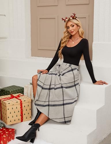 Tanming Women's Winter Warm Elastic Waist Wool Plaid A-Line Pleated Long Skirt (Gray-M) - Image 5