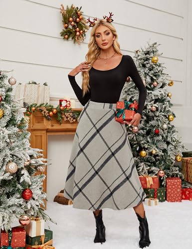 Tanming Women's Winter Warm Elastic Waist Wool Plaid A-Line Pleated Long Skirt (Gray-M) - Image 3