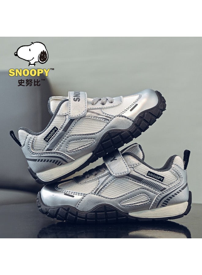 Snoopy Kids Lightweight Sports Shoes Spring Autumn Boys Outdoor Running Shoes Girls Soft Sole Casual Shoes 0006 Beige/silver Size 35