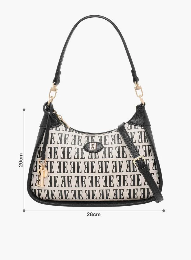 ELLE Monogram Print Shoulder Bag with Detachable Strap